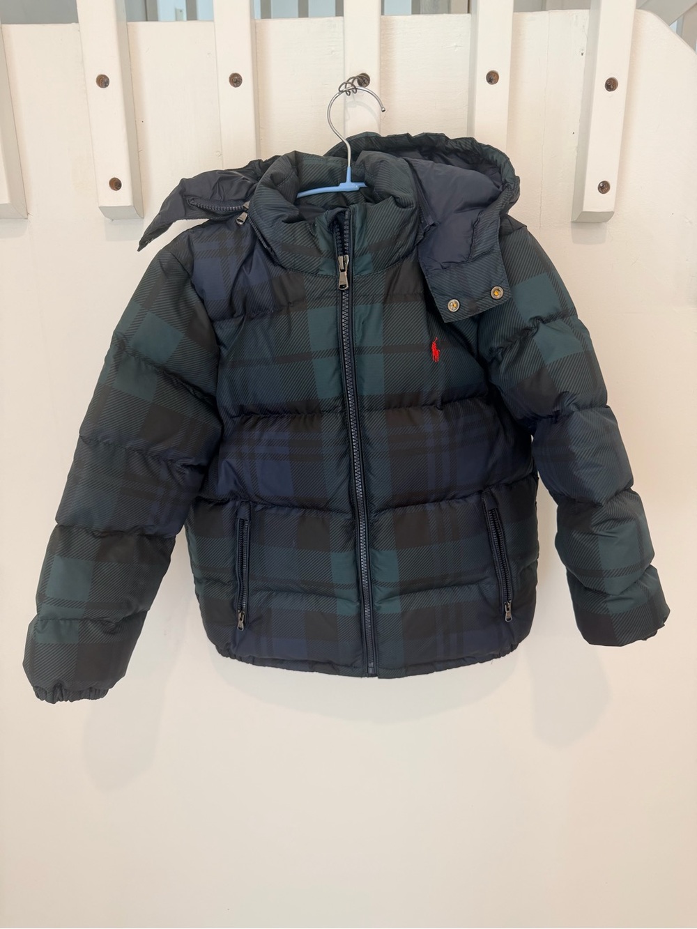 Ralph Lauren Kids Plaid Puffer Jacket - Green/Blue. Size 7